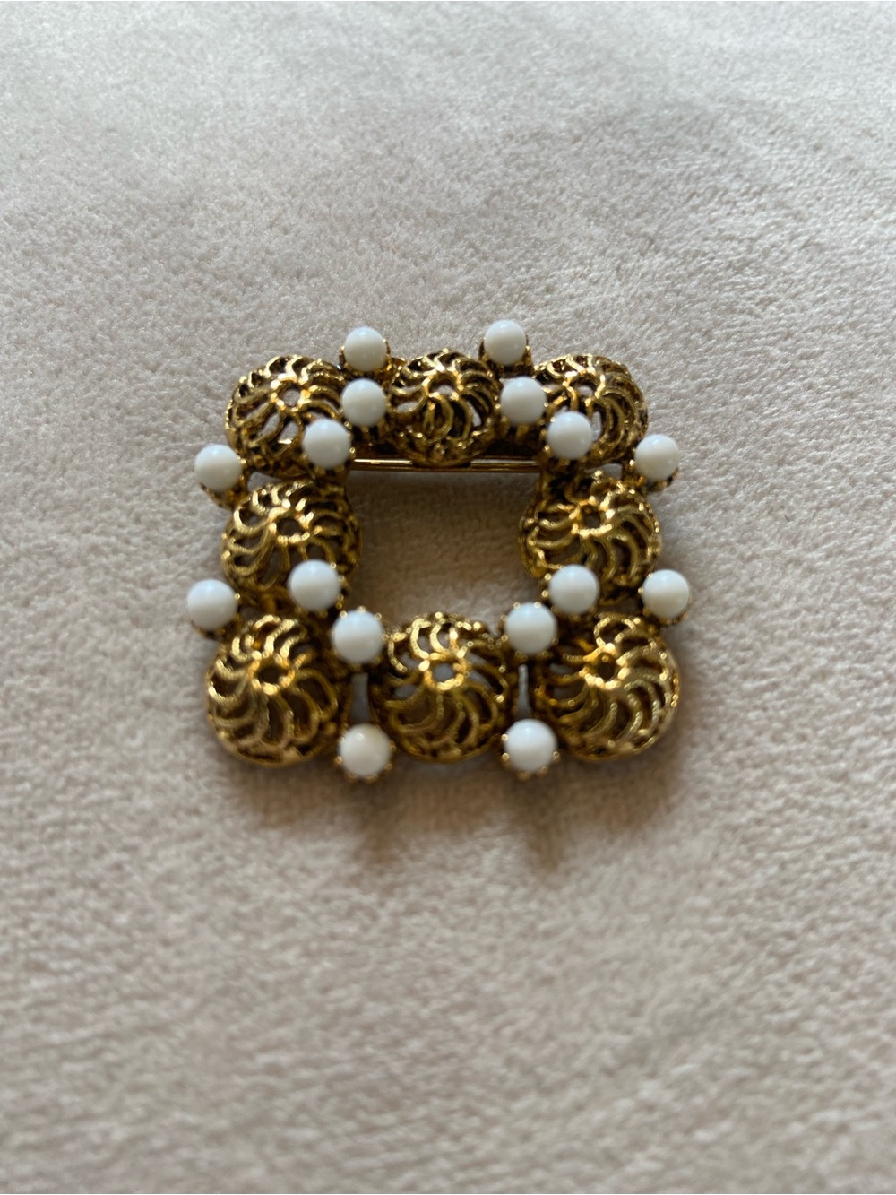 Vintage Mid-Century Gold-Tone Square Filigree Brooch with White Beads